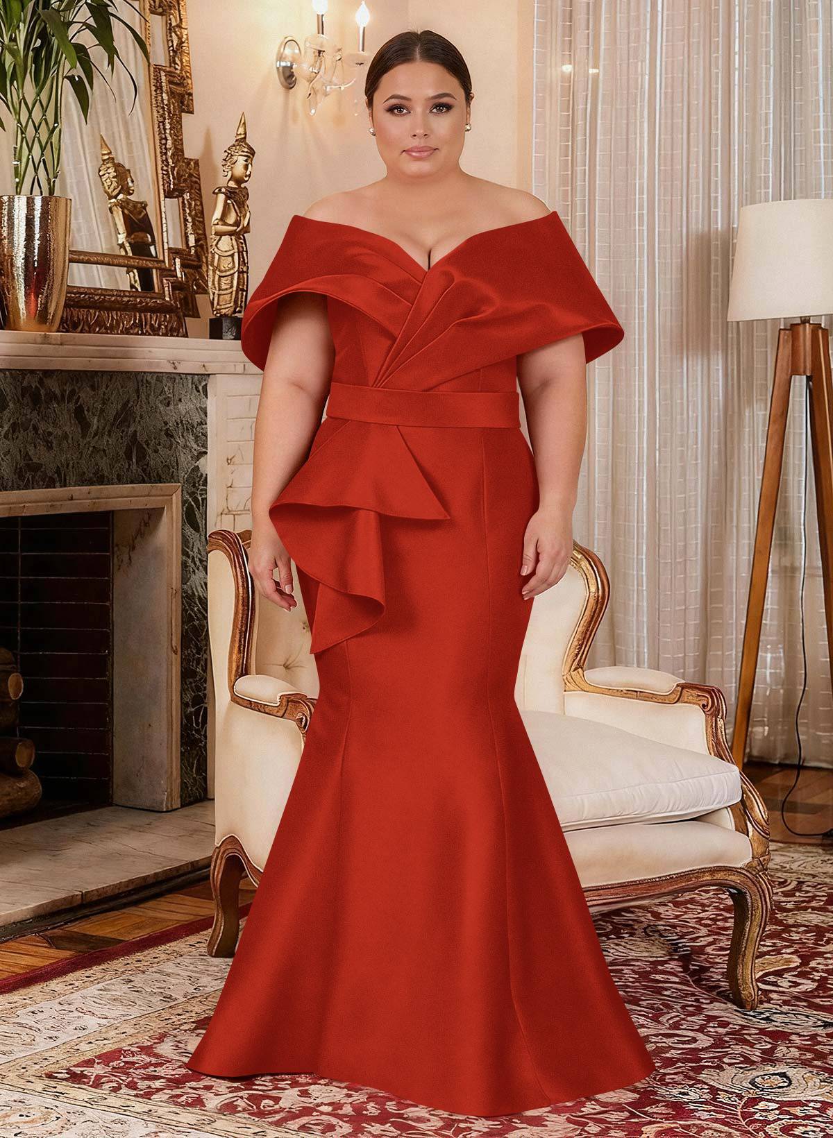 Elegant Off-The-Shoulder Mermaid Floor-Length Satin Mother Of The Bride Dresses With Ruffle, product image 30