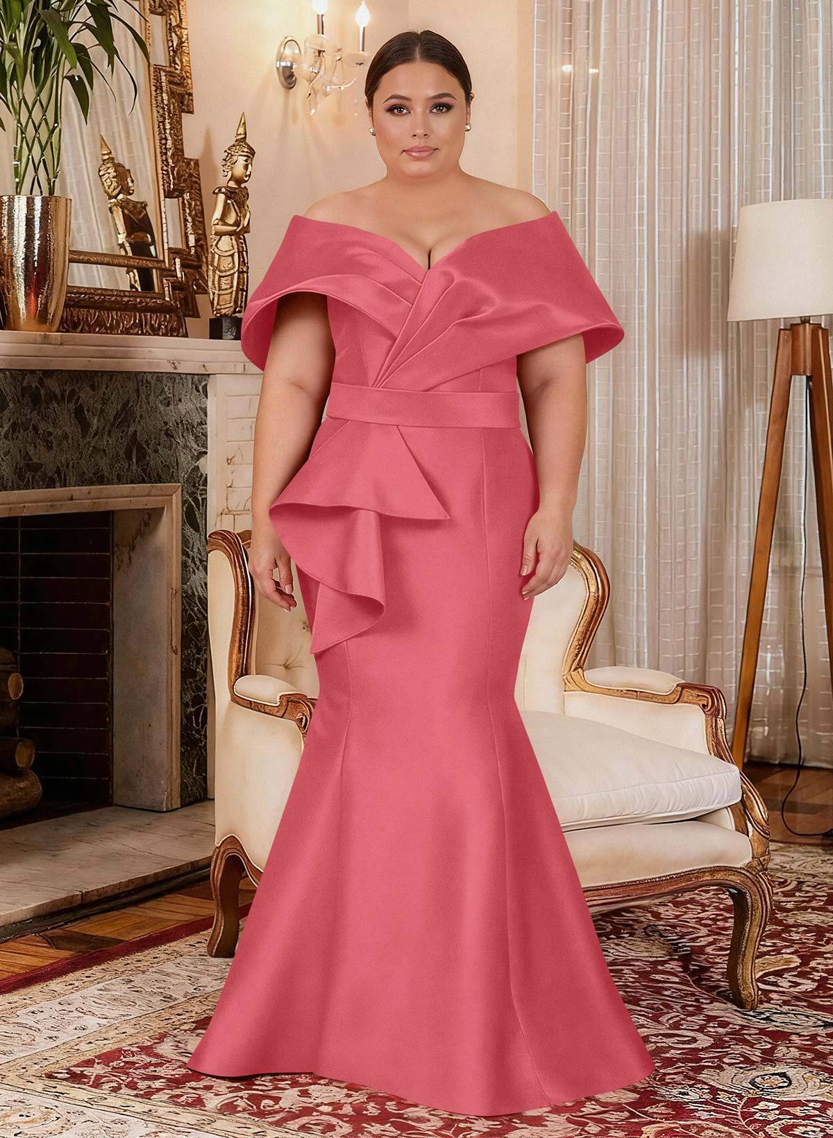 Elegant Off-The-Shoulder Mermaid Floor-Length Satin Mother Of The Bride Dresses With Ruffle, product image 31
