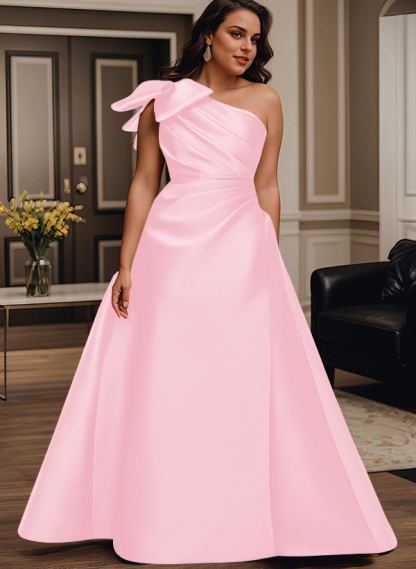 A-Line One-Shoulder Satin Mother Of The Bride Dresses With Bow(s)/Pockets