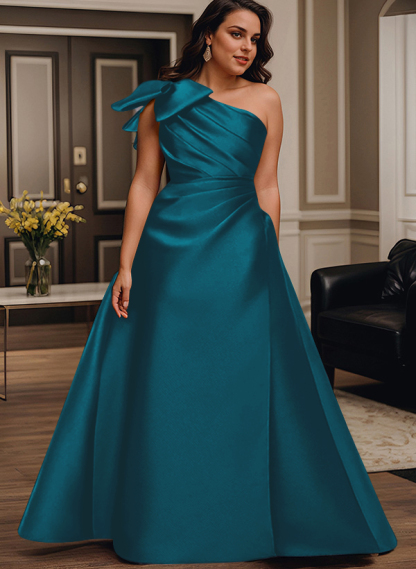 A-Line One-Shoulder Satin Mother Of The Bride Dresses With Bow(s)/Pockets
