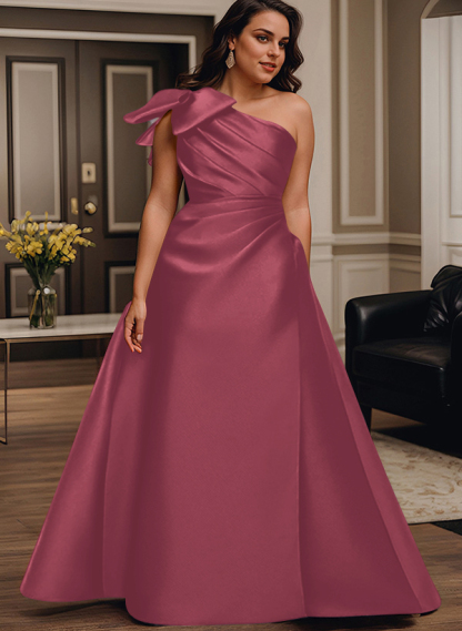 A-Line One-Shoulder Satin Mother Of The Bride Dresses With Bow(s)/Pockets