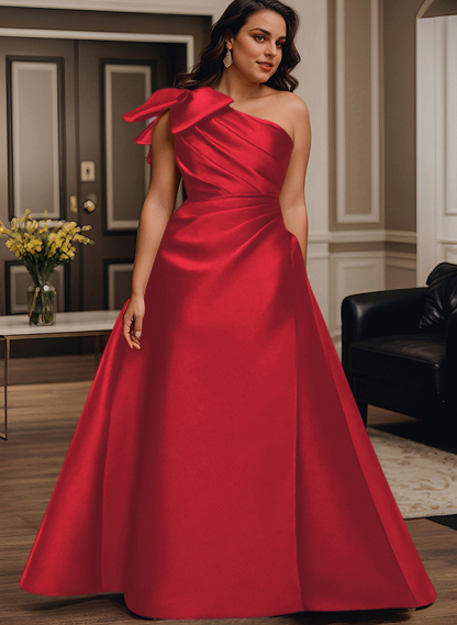 A-Line One-Shoulder Satin Mother Of The Bride Dresses With Bow(s)/Pockets