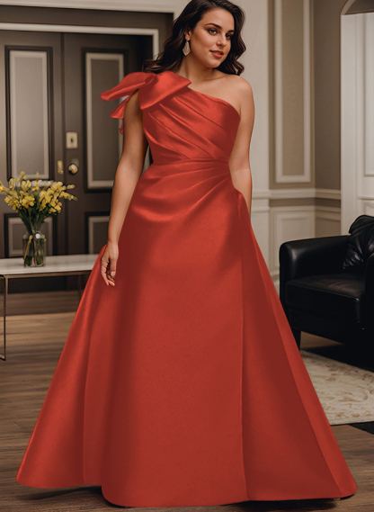 A-Line One-Shoulder Satin Mother Of The Bride Dresses With Bow(s)/Pockets