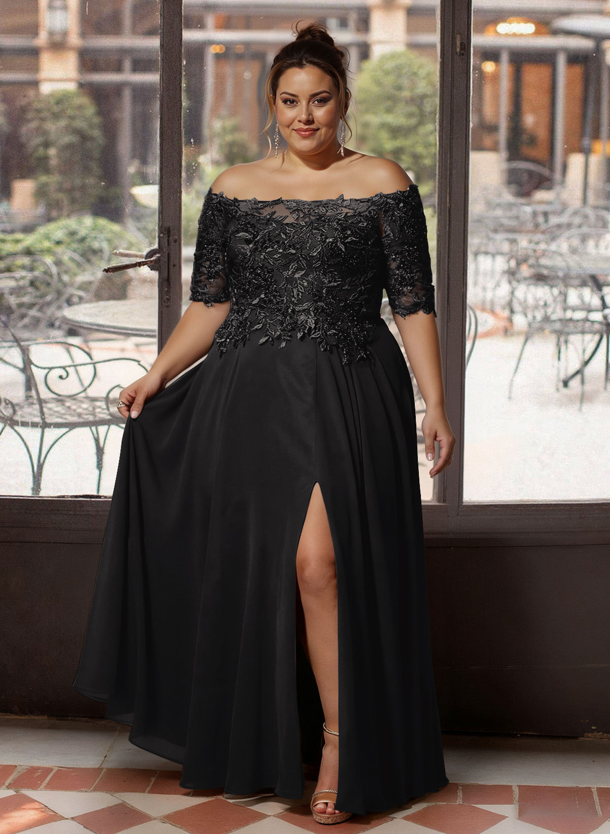 A-Line Off-The-Shoulder 1/2 Sleeves Mother Of The Bride Dresses With Split Front
