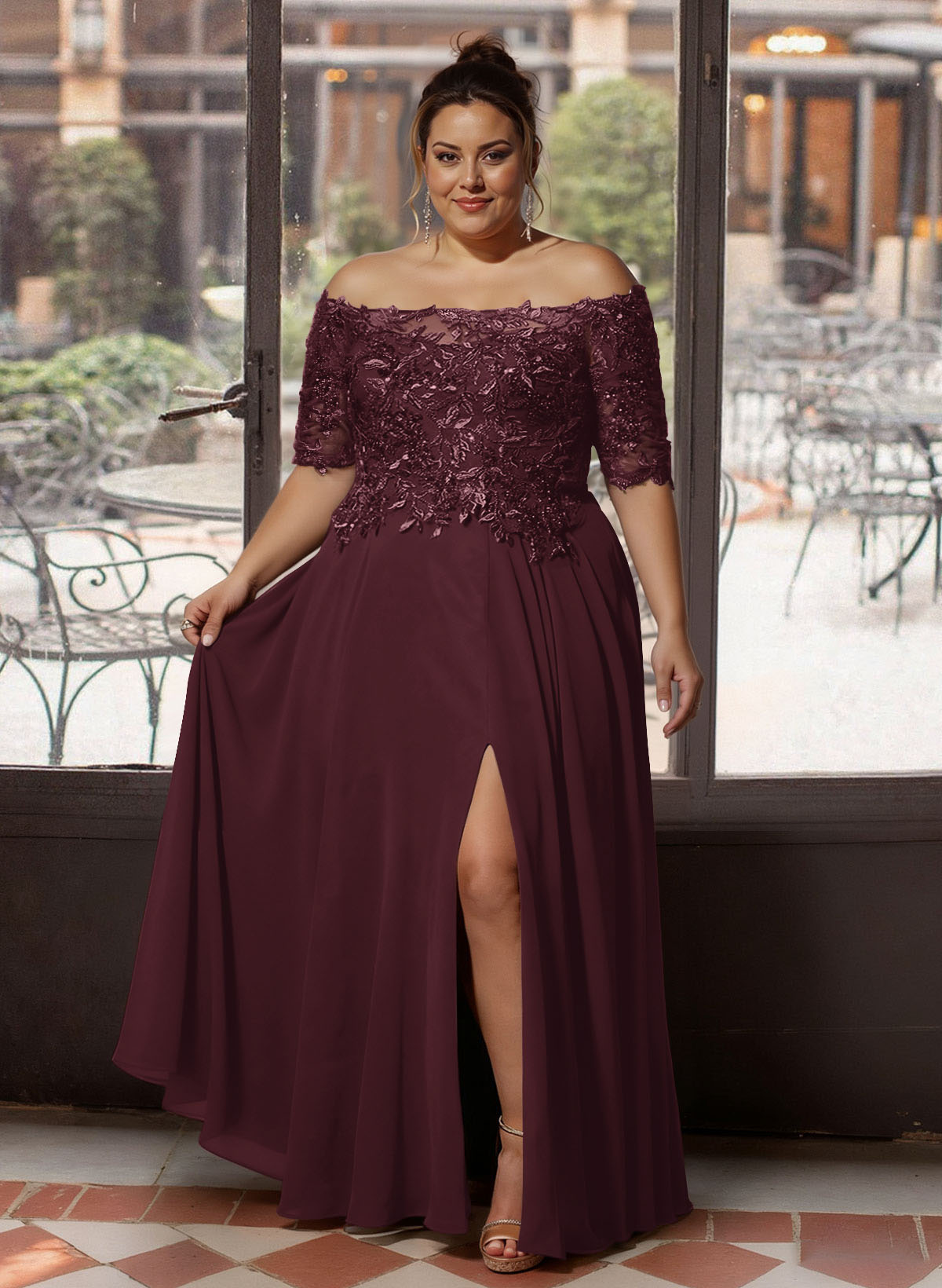 A-Line Off-The-Shoulder 1/2 Sleeves Mother Of The Bride Dresses With Split Front