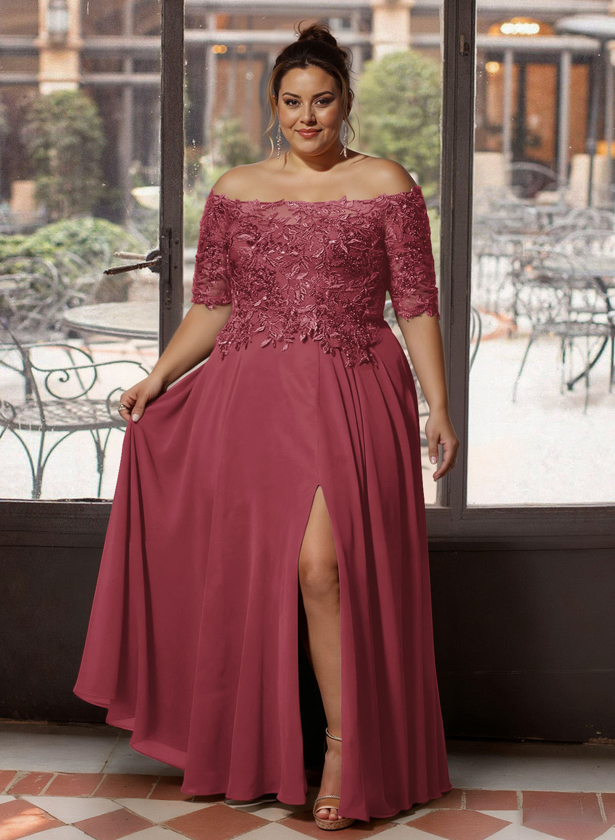A-Line Off-The-Shoulder 1/2 Sleeves Mother Of The Bride Dresses With Split Front