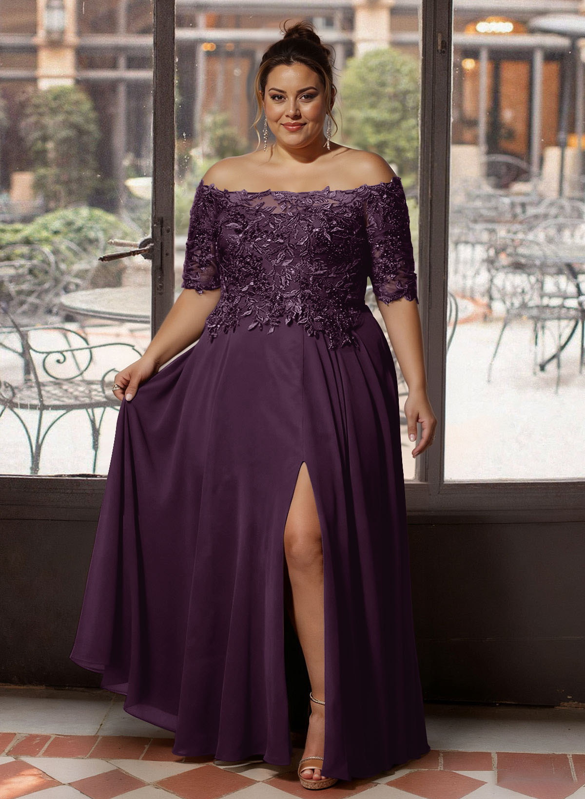 A-Line Off-The-Shoulder 1/2 Sleeves Mother Of The Bride Dresses With Split Front