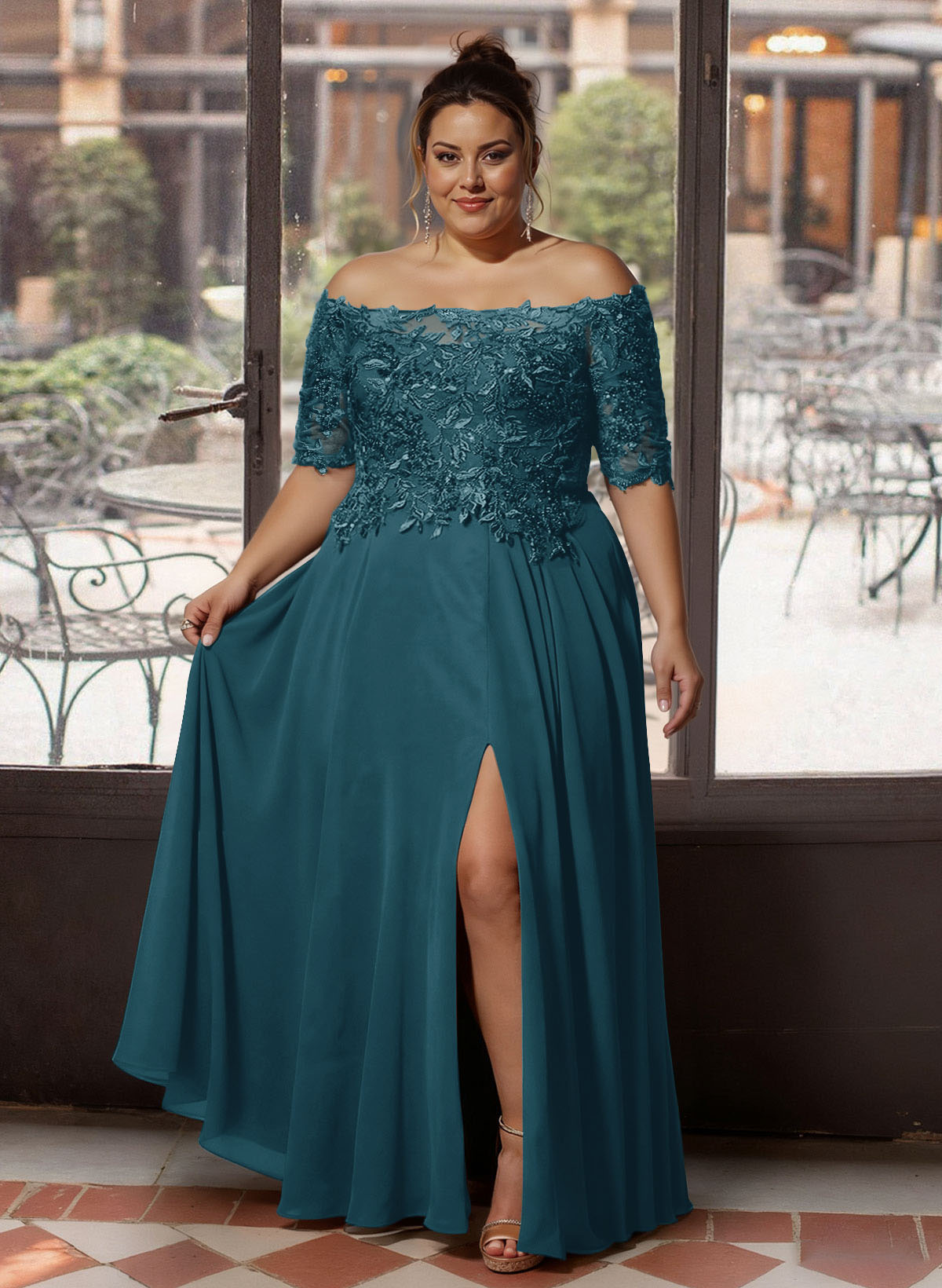 A-Line Off-The-Shoulder 1/2 Sleeves Mother Of The Bride Dresses With Split Front