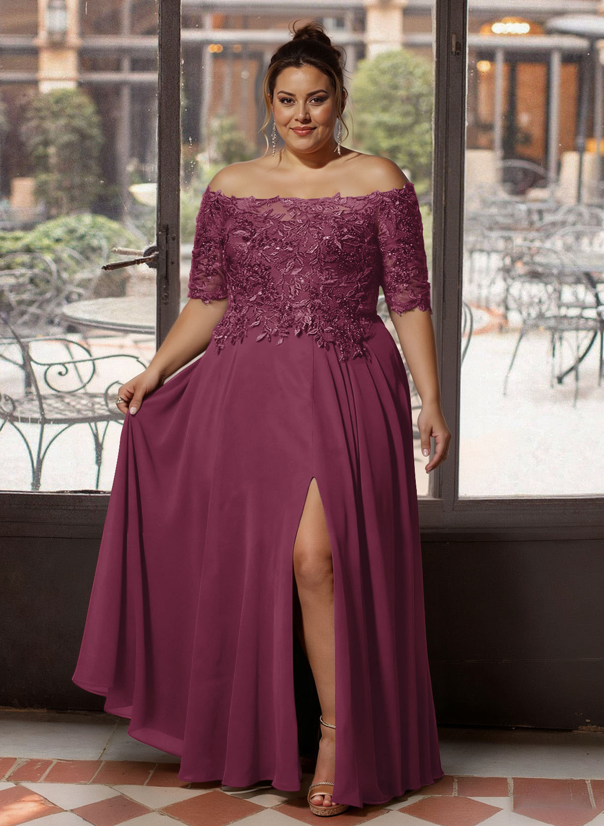 A-Line Off-The-Shoulder 1/2 Sleeves Mother Of The Bride Dresses With Split Front