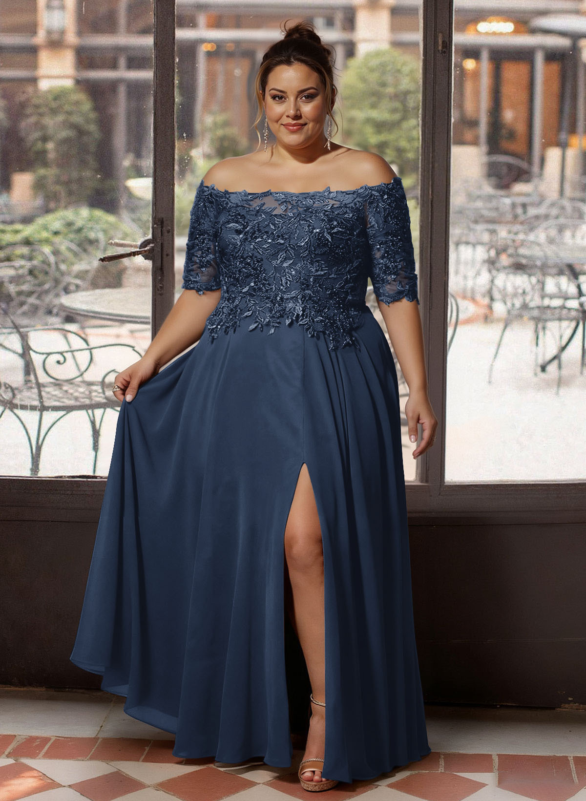 A-Line Off-The-Shoulder 1/2 Sleeves Mother Of The Bride Dresses With Split Front