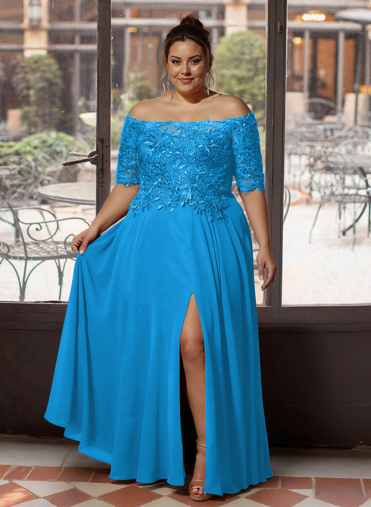 A-Line Off-The-Shoulder 1/2 Sleeves Mother Of The Bride Dresses With Split Front