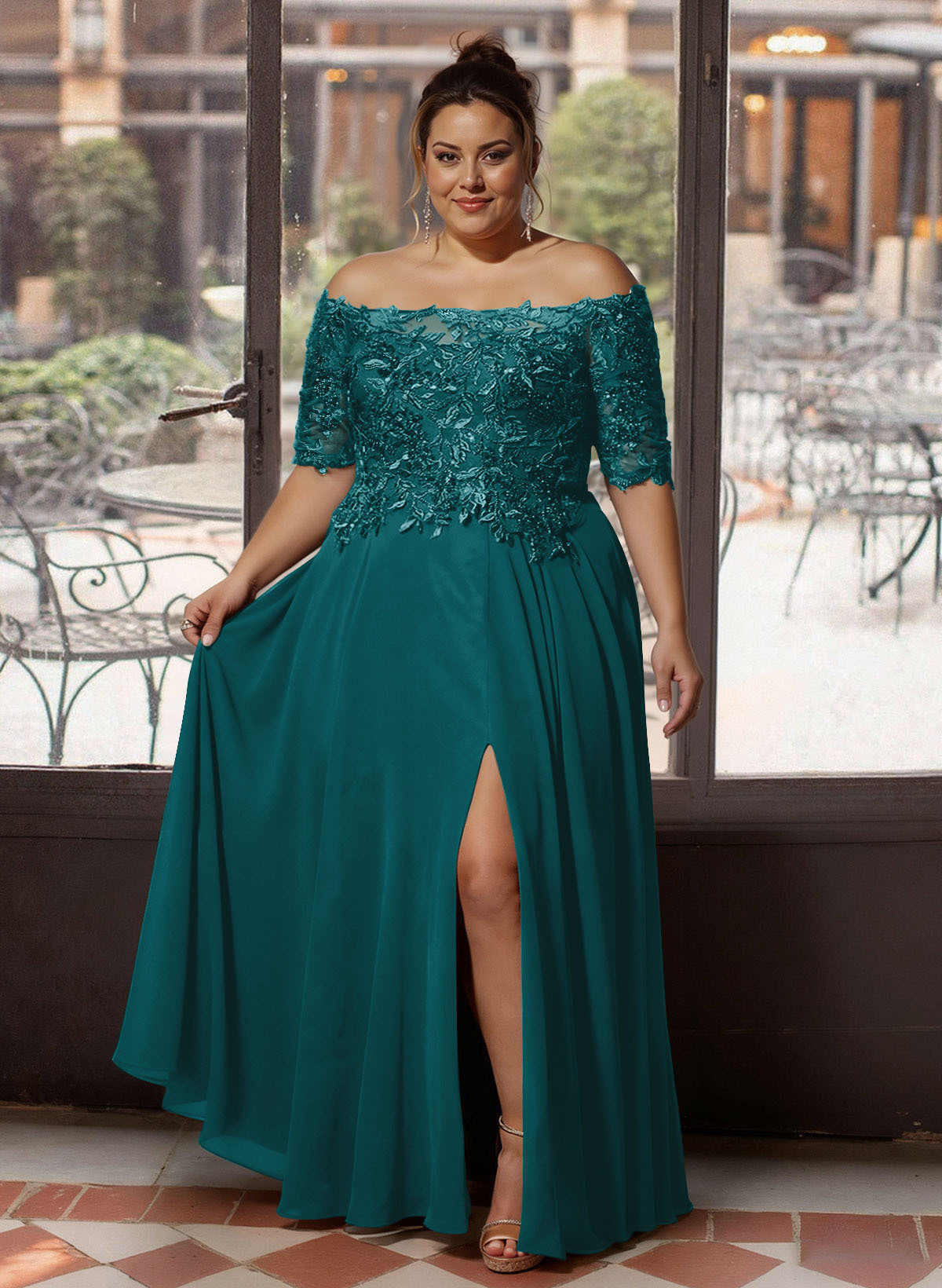 A-Line Off-The-Shoulder 1/2 Sleeves Mother Of The Bride Dresses With Split Front