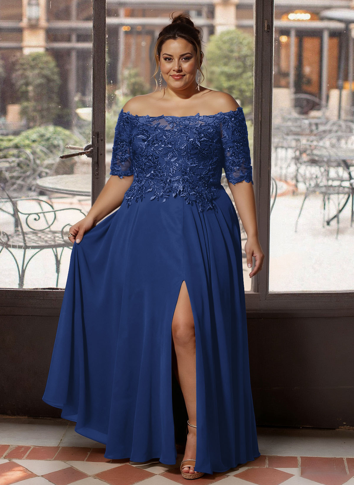 A-Line Off-The-Shoulder 1/2 Sleeves Mother Of The Bride Dresses With Split Front