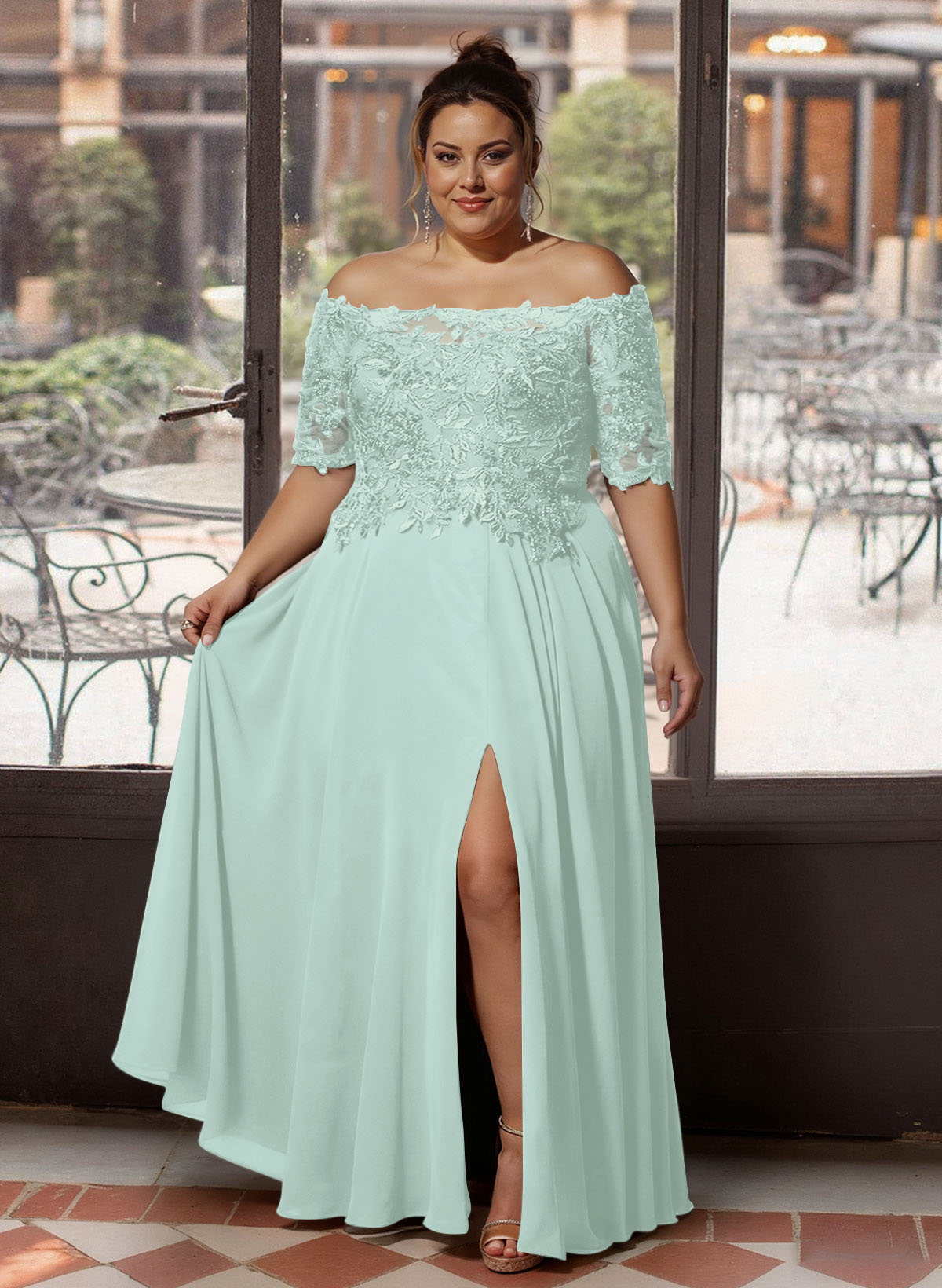A-Line Off-The-Shoulder 1/2 Sleeves Mother Of The Bride Dresses With Split Front