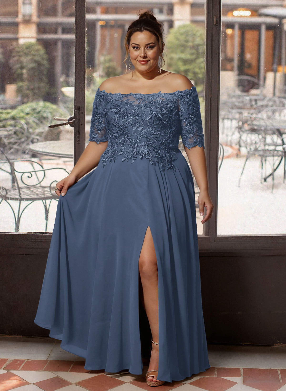 A-Line Off-The-Shoulder 1/2 Sleeves Mother Of The Bride Dresses With Split Front