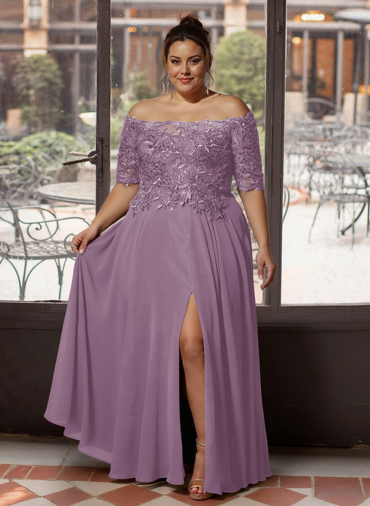 A-Line Off-The-Shoulder 1/2 Sleeves Mother Of The Bride Dresses With Split Front