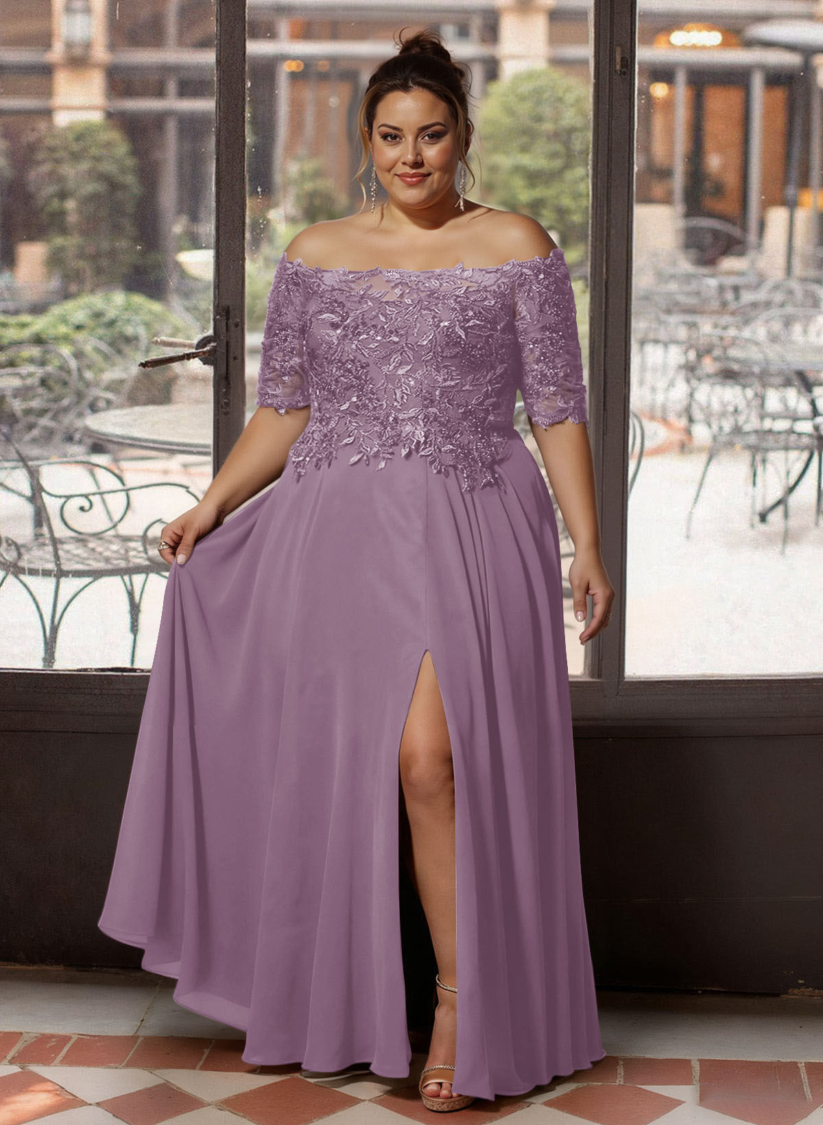 A-Line Off-The-Shoulder 1/2 Sleeves Mother Of The Bride Dresses With Split Front
