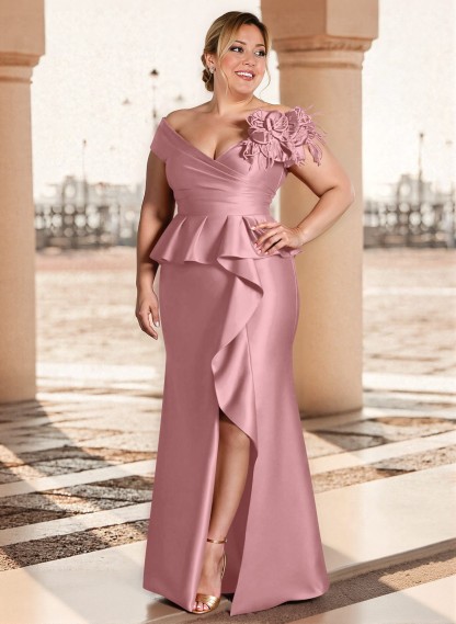 Feather Trimmed 3D Floral Off-The-Shoulder Mother Of The Bride Dresses With Ruffled Waist, product image 38