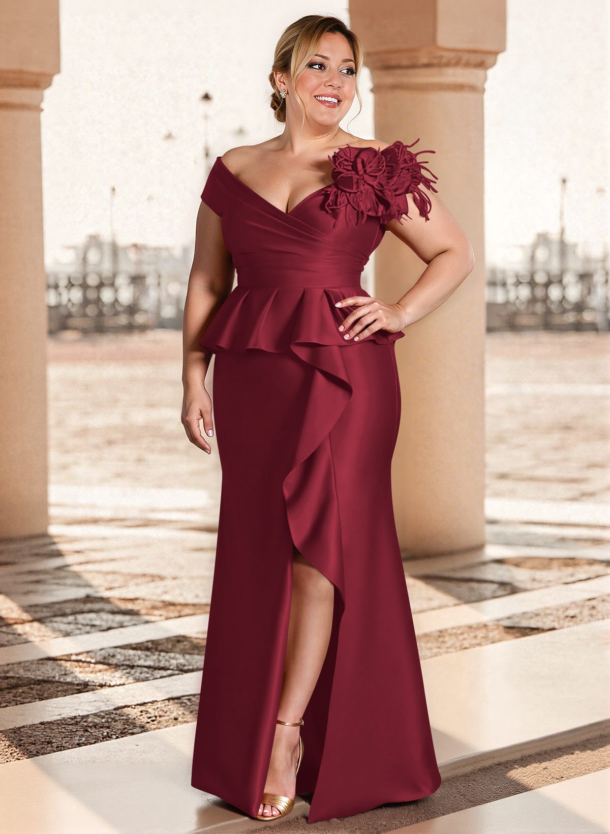 Feather Trimmed 3D Floral Off-The-Shoulder Mother Of The Bride Dresses With Ruffled Waist, product image 50