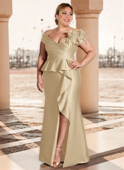 Feather Trimmed 3D Floral Off-The-Shoulder Mother Of The Bride Dresses With Ruffled Waist, product image 6