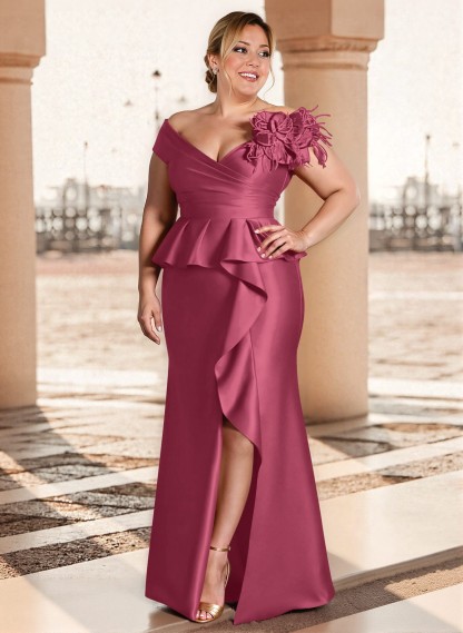 Feather Trimmed 3D Floral Off-The-Shoulder Mother Of The Bride Dresses With Ruffled Waist, product image 54