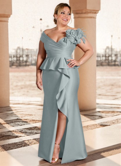 Feather Trimmed 3D Floral Off-The-Shoulder Mother Of The Bride Dresses With Ruffled Waist, product image 16