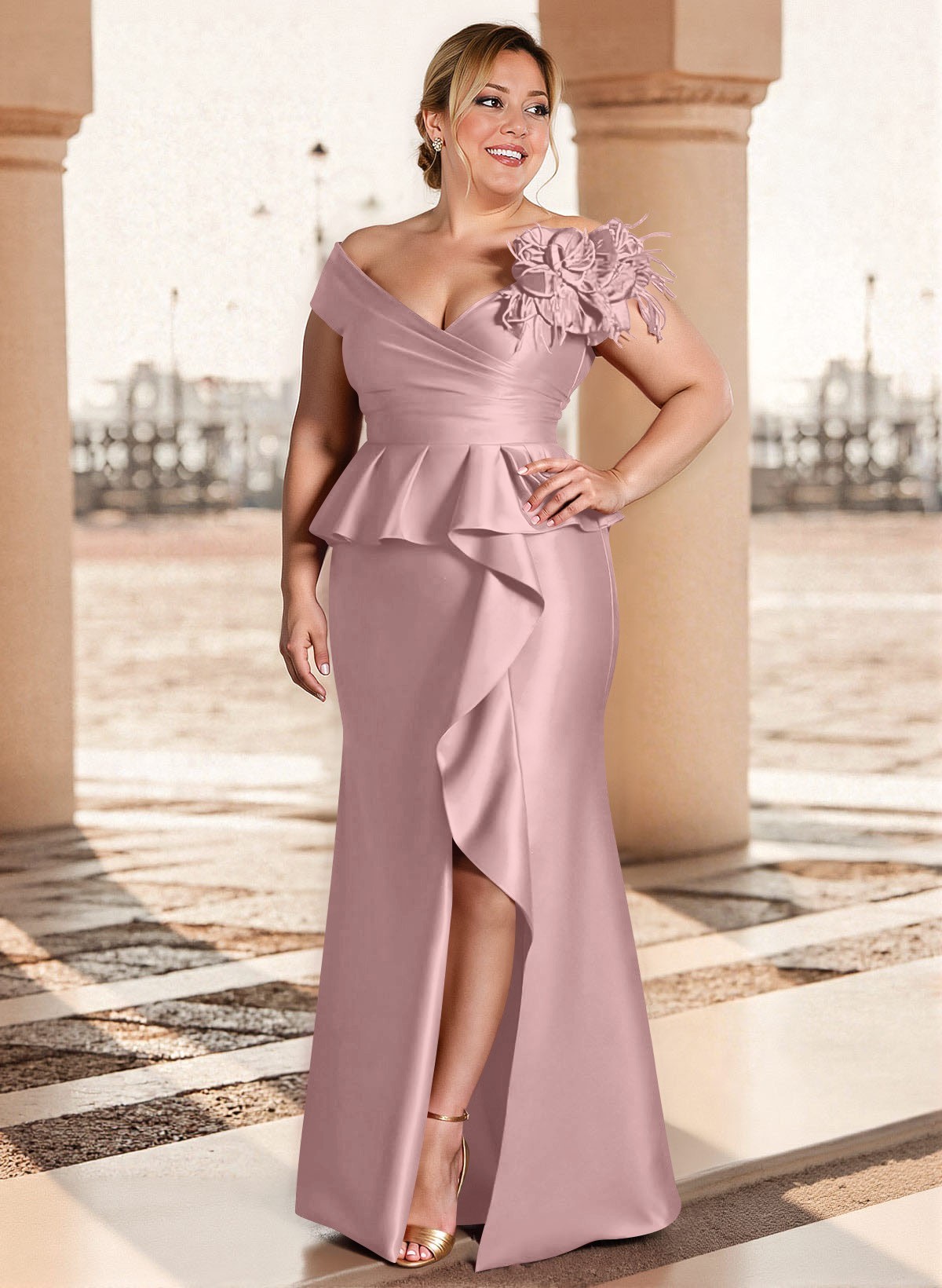 Feather Trimmed 3D Floral Off-The-Shoulder Mother Of The Bride Dresses With Ruffled Waist, product image 34