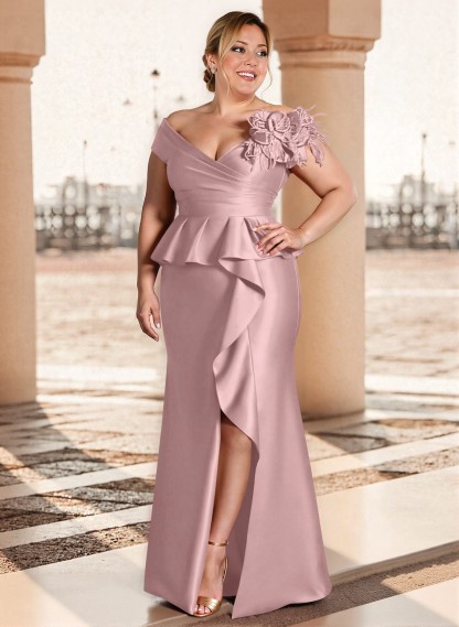 Feather Trimmed 3D Floral Off-The-Shoulder Mother Of The Bride Dresses With Ruffled Waist, product image 34