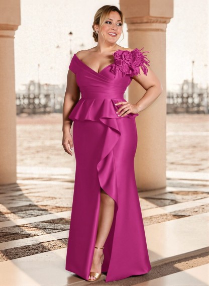 Feather Trimmed 3D Floral Off-The-Shoulder Mother Of The Bride Dresses With Ruffled Waist, product image 30