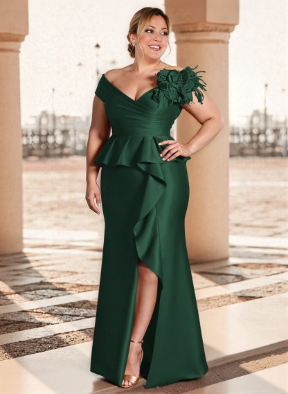 Feather Trimmed 3D Floral Off-The-Shoulder Mother Of The Bride Dresses With Ruffled Waist, product image 62