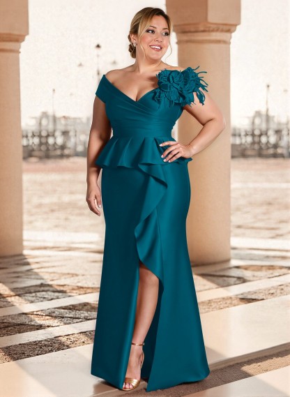Feather Trimmed 3D Floral Off-The-Shoulder Mother Of The Bride Dresses With Ruffled Waist, product image 20