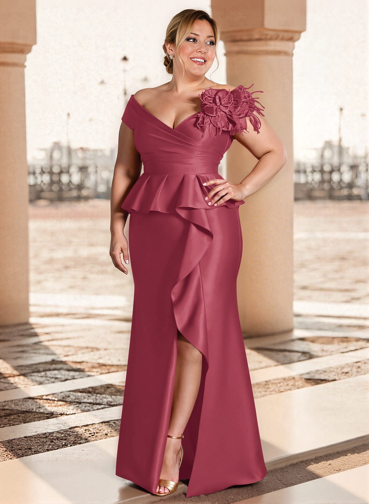 Feather Trimmed 3D Floral Off-The-Shoulder Mother Of The Bride Dresses With Ruffled Waist, product image 56