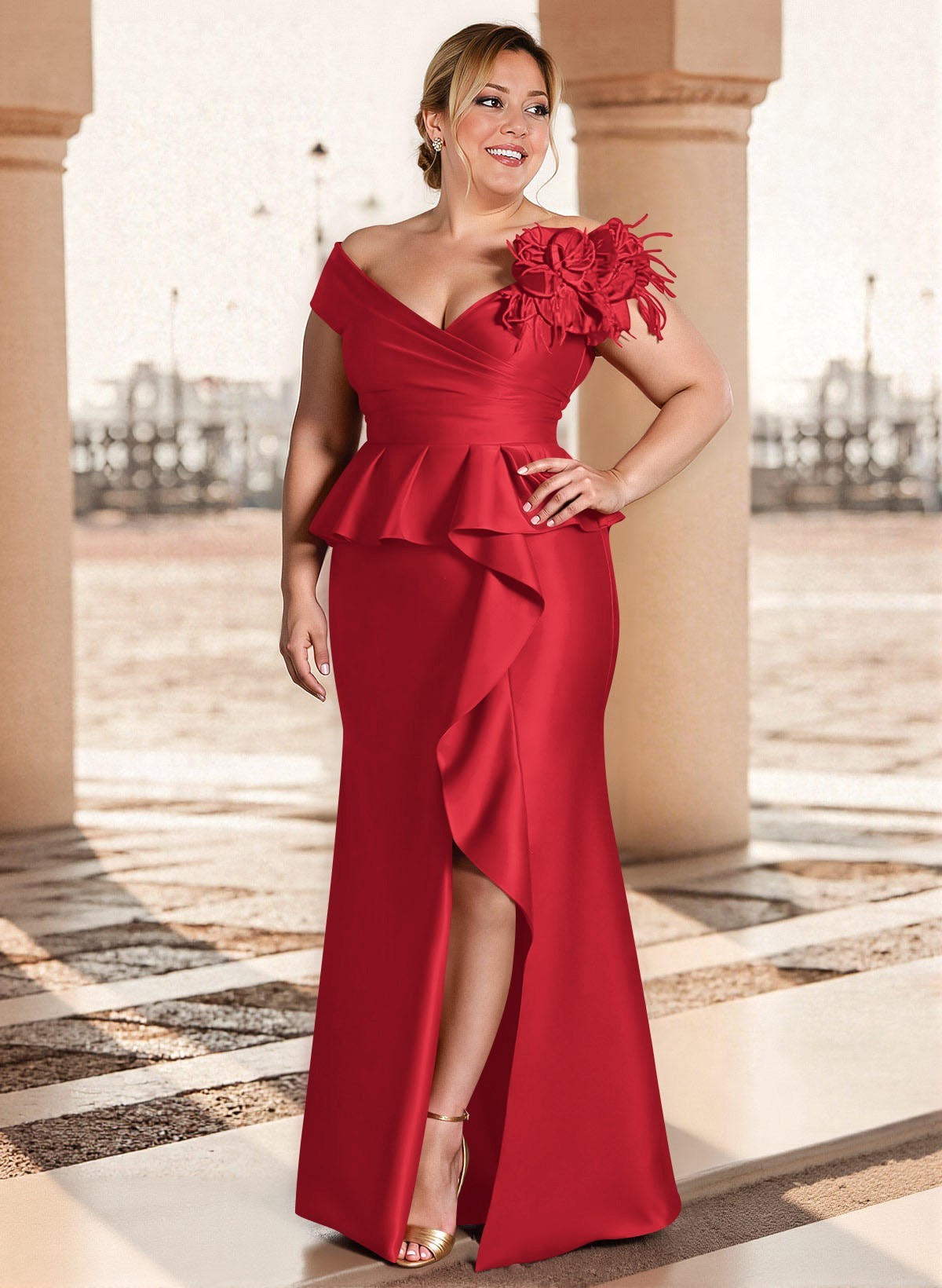 Feather Trimmed 3D Floral Off-The-Shoulder Mother Of The Bride Dresses With Ruffled Waist, product image 48