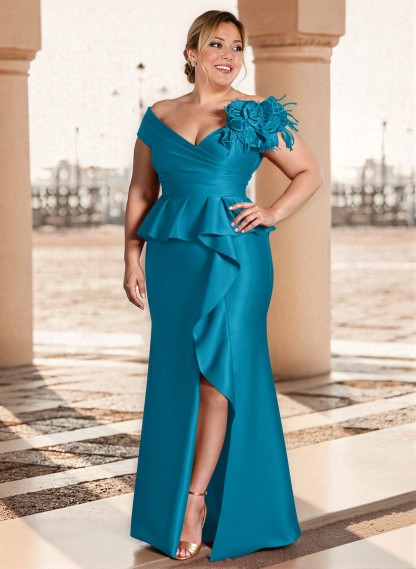 Feather Trimmed 3D Floral Off-The-Shoulder Mother Of The Bride Dresses With Ruffled Waist, product image 28