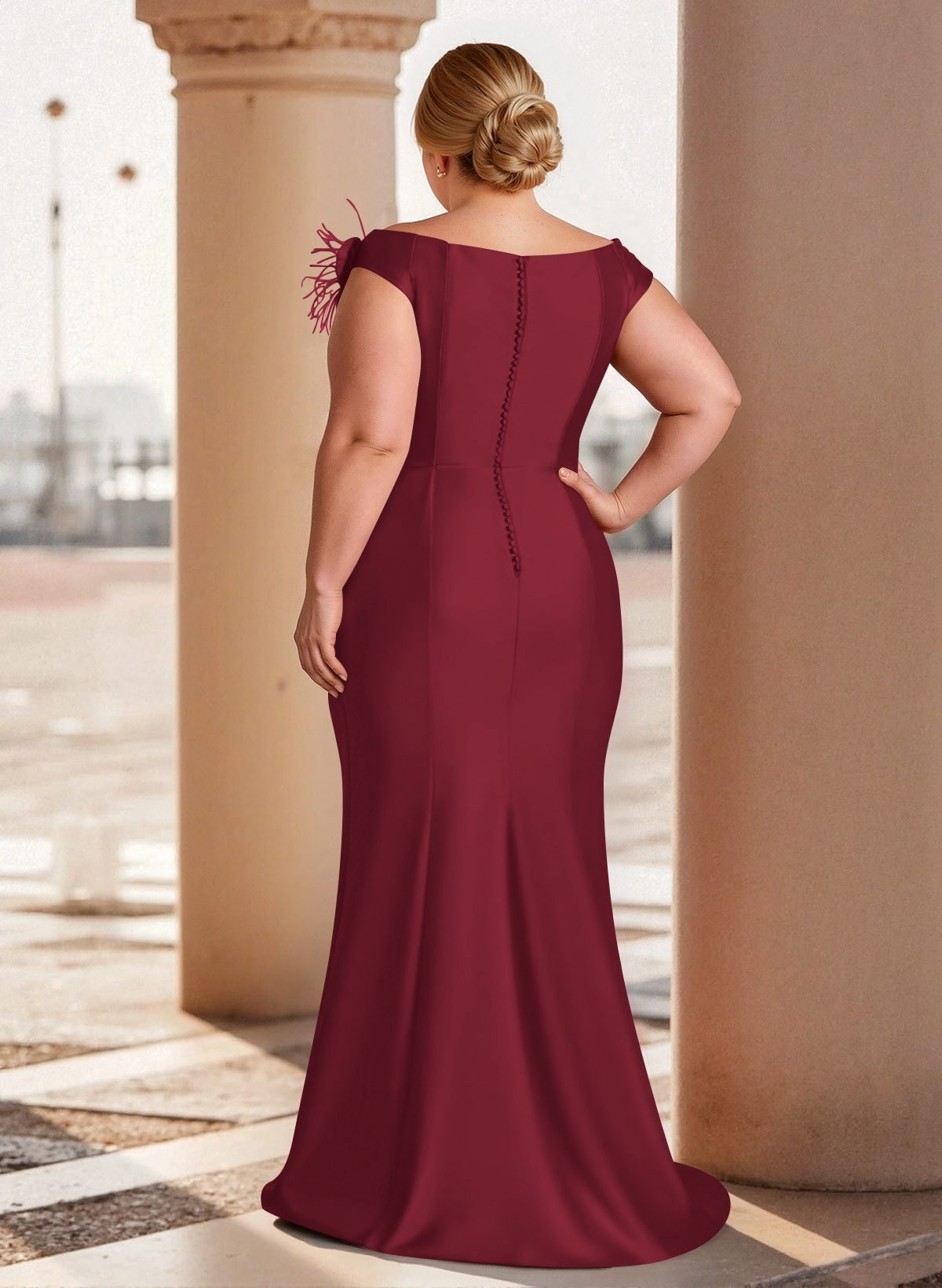 Feather Trimmed 3D Floral Off-The-Shoulder Mother Of The Bride Dresses With Ruffled Waist, product image 51