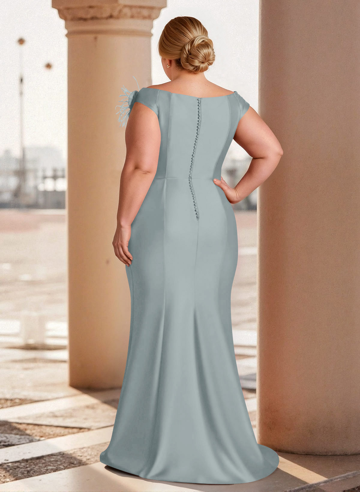Feather Trimmed 3D Floral Off-The-Shoulder Mother Of The Bride Dresses With Ruffled Waist, product image 17