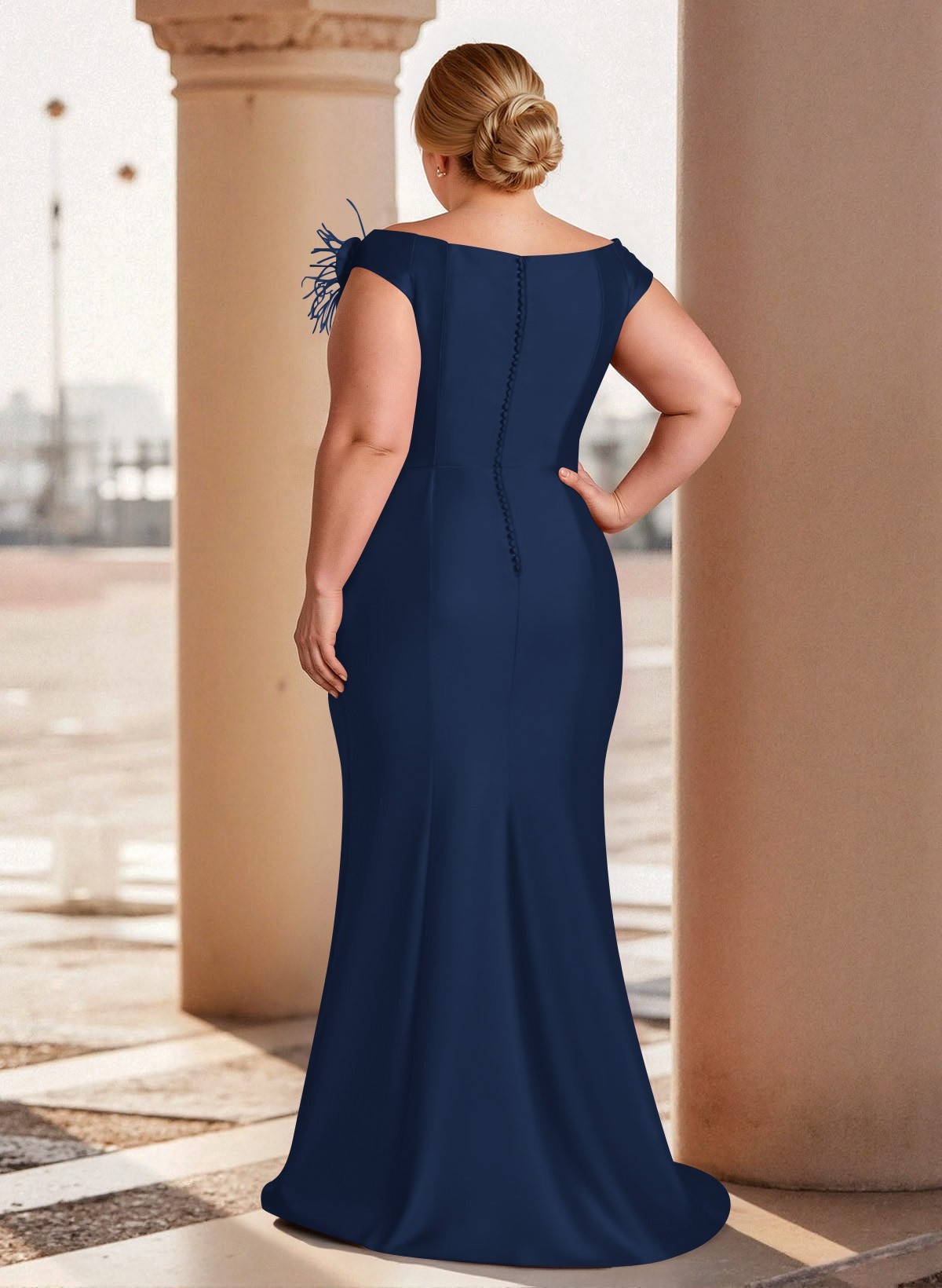 Feather Trimmed 3D Floral Off-The-Shoulder Mother Of The Bride Dresses With Ruffled Waist, product image 3