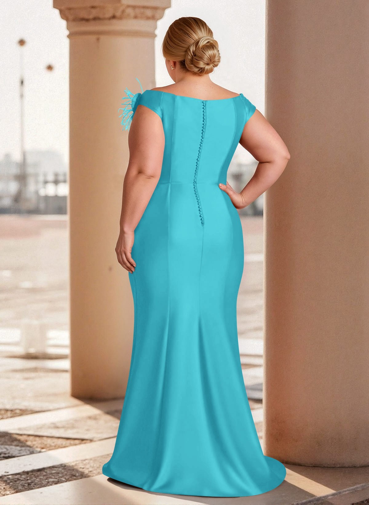 Feather Trimmed 3D Floral Off-The-Shoulder Mother Of The Bride Dresses With Ruffled Waist, product image 23