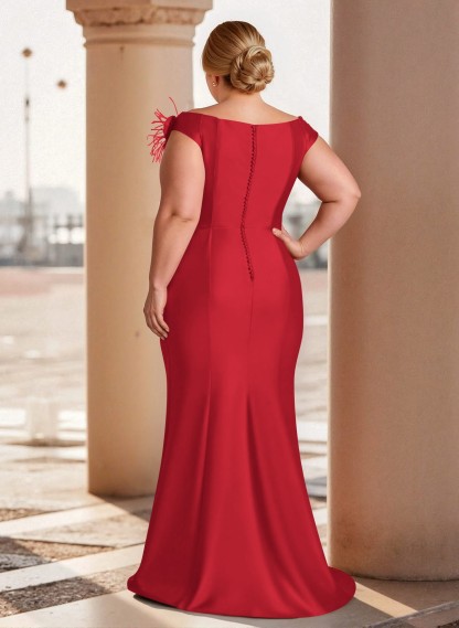 Feather Trimmed 3D Floral Off-The-Shoulder Mother Of The Bride Dresses With Ruffled Waist, product image 49