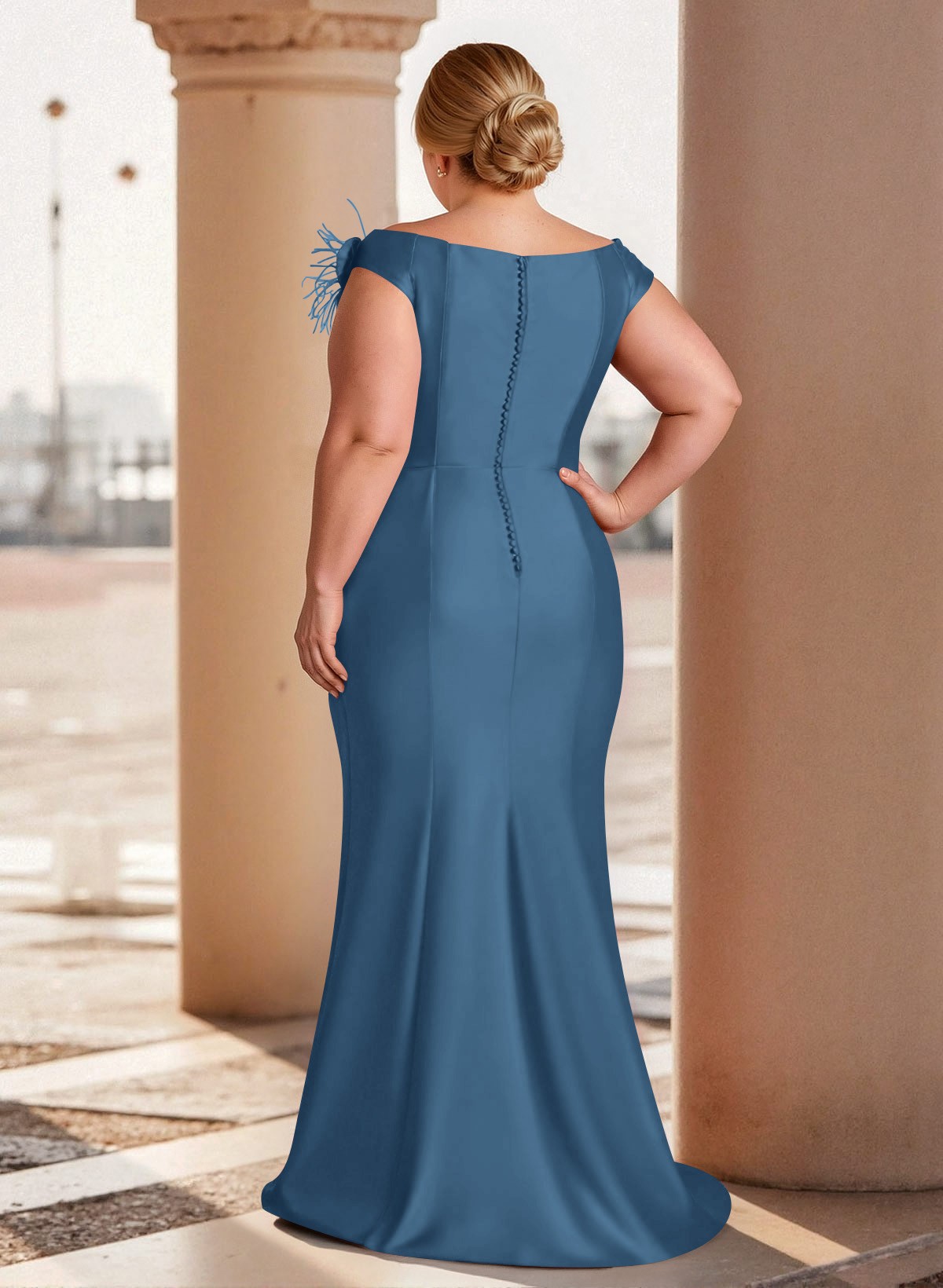Feather Trimmed 3D Floral Off-The-Shoulder Mother Of The Bride Dresses With Ruffled Waist, product image 9