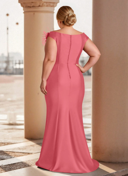 Feather Trimmed 3D Floral Off-The-Shoulder Mother Of The Bride Dresses With Ruffled Waist, product image 61