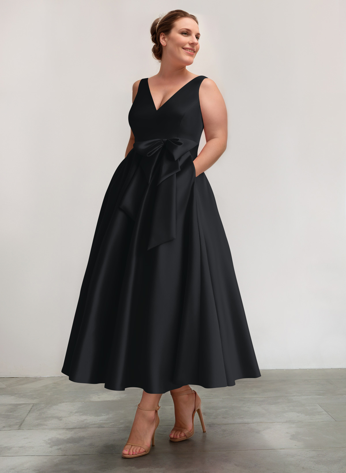 A-Line V-Neck Satin Mother Of The Bride Dresses With Bow(s)/Pockets, product image 2