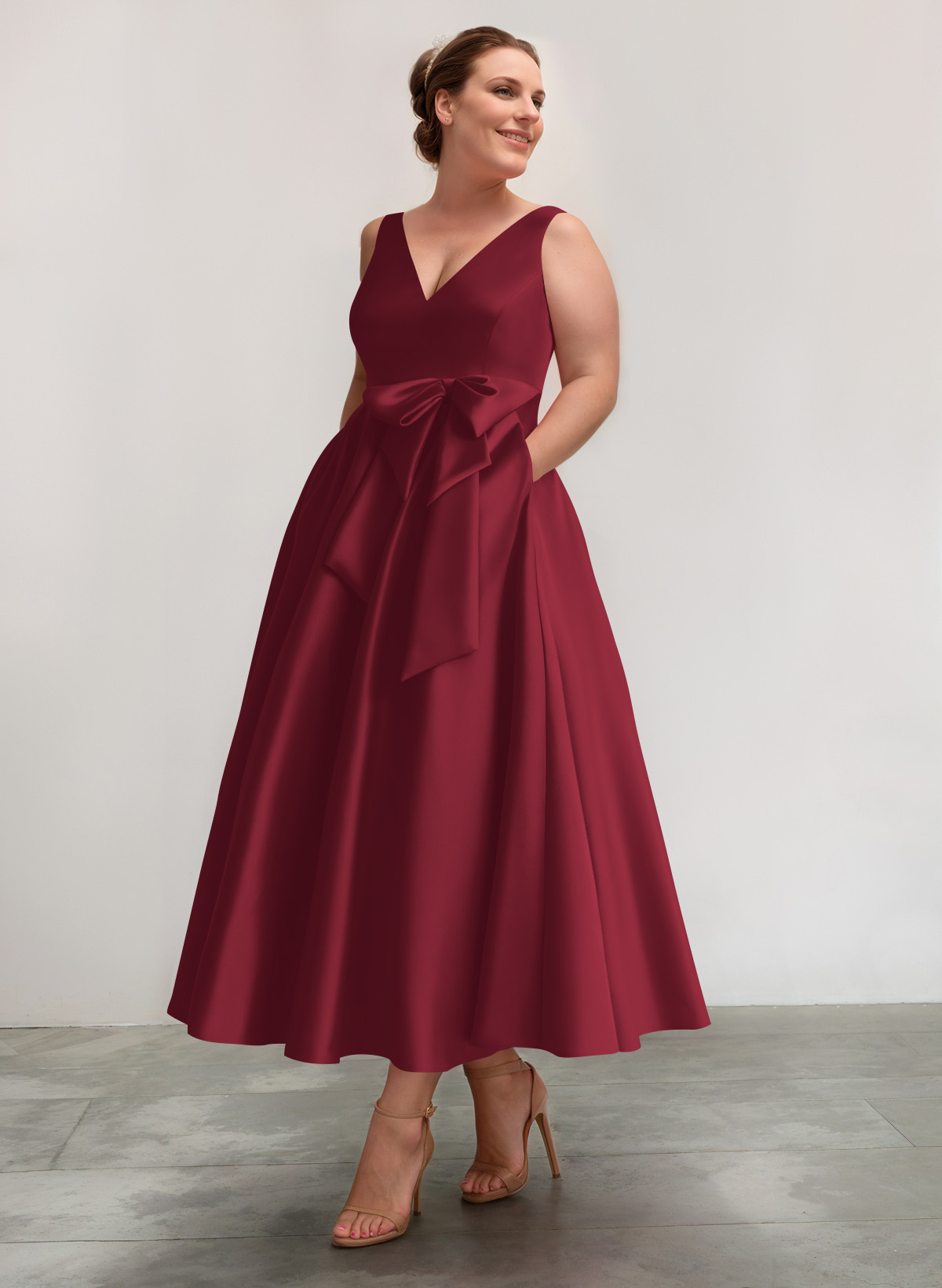 A-Line V-Neck Satin Mother Of The Bride Dresses With Bow(s)/Pockets, product image 50