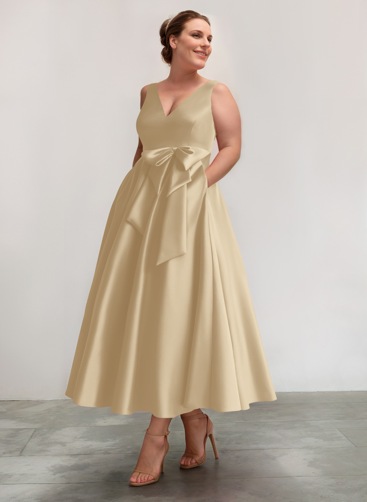 A-Line V-Neck Satin Mother Of The Bride Dresses With Bow(s)/Pockets, product image 4