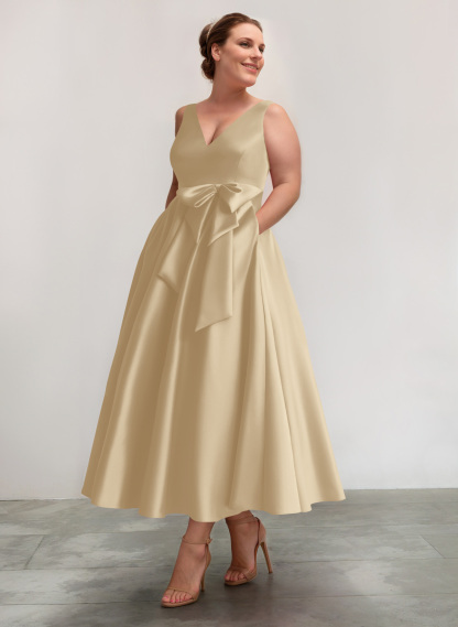 A-Line V-Neck Satin Mother Of The Bride Dresses With Bow(s)/Pockets, product image 4