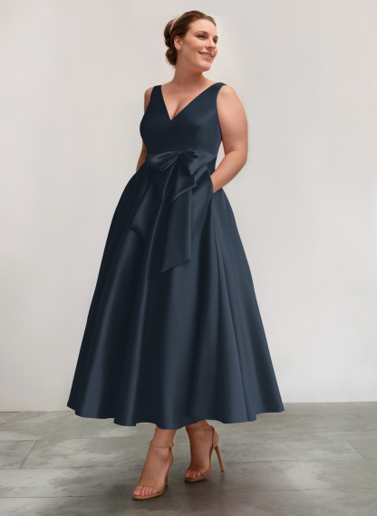 A-Line V-Neck Satin Mother Of The Bride Dresses With Bow(s)/Pockets, product image 6