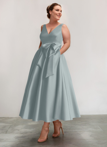 A-Line V-Neck Satin Mother Of The Bride Dresses With Bow(s)/Pockets, product image 16