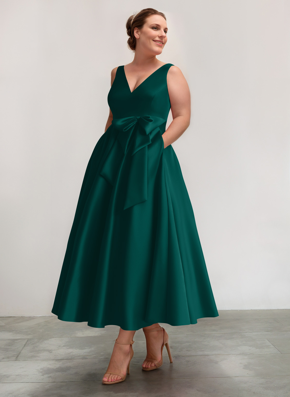 A-Line V-Neck Satin Mother Of The Bride Dresses With Bow(s)/Pockets, product image 64