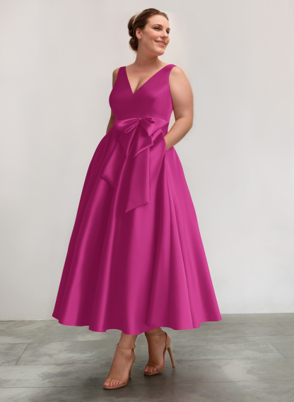 A-Line V-Neck Satin Mother Of The Bride Dresses With Bow(s)/Pockets, product image 30