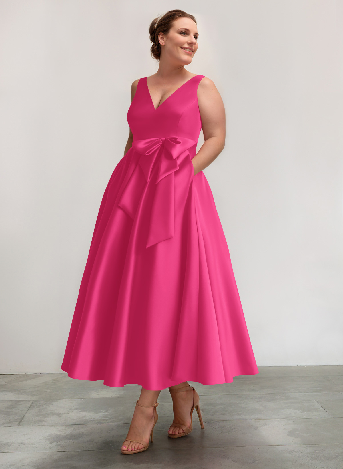 A-Line V-Neck Satin Mother Of The Bride Dresses With Bow(s)/Pockets, product image 32